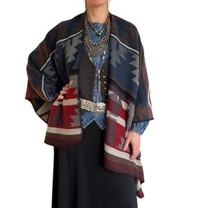 Western Tribal Aztec Reversible Shawl Ruana Cape Wrap One Size